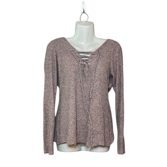 Hearts & Hips Women's Size Large Cable Knit Lace Up V Neck Sweater Lavender - Picture 1 of 5